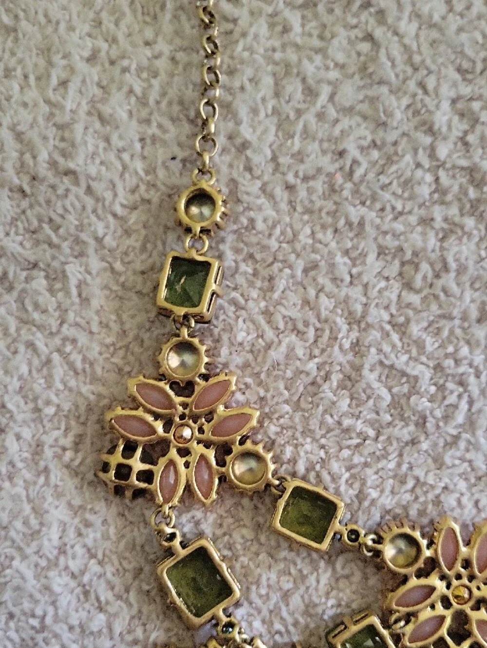 Stella & Dot Pink Floral Statement Necklace with Green and Clear Accents - Picture 3 of 10